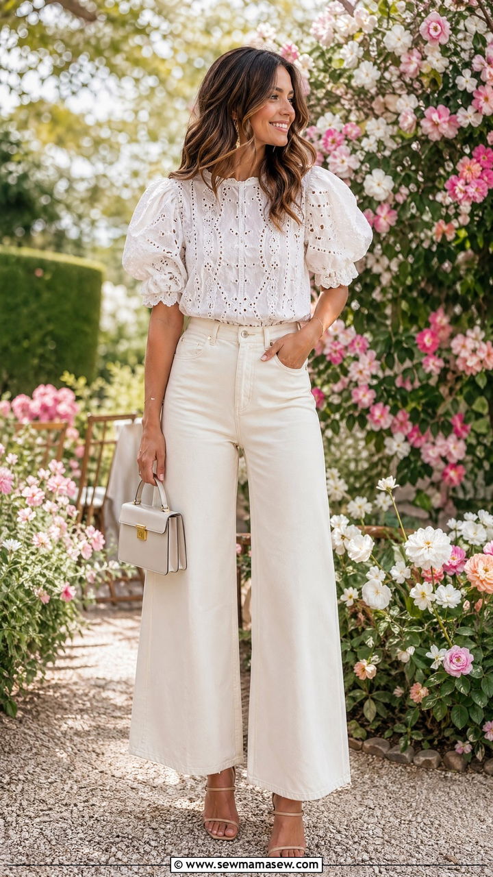 Wide Leg Pants With Puff Sleeve Top - 35 wide leg pants outfits inspo