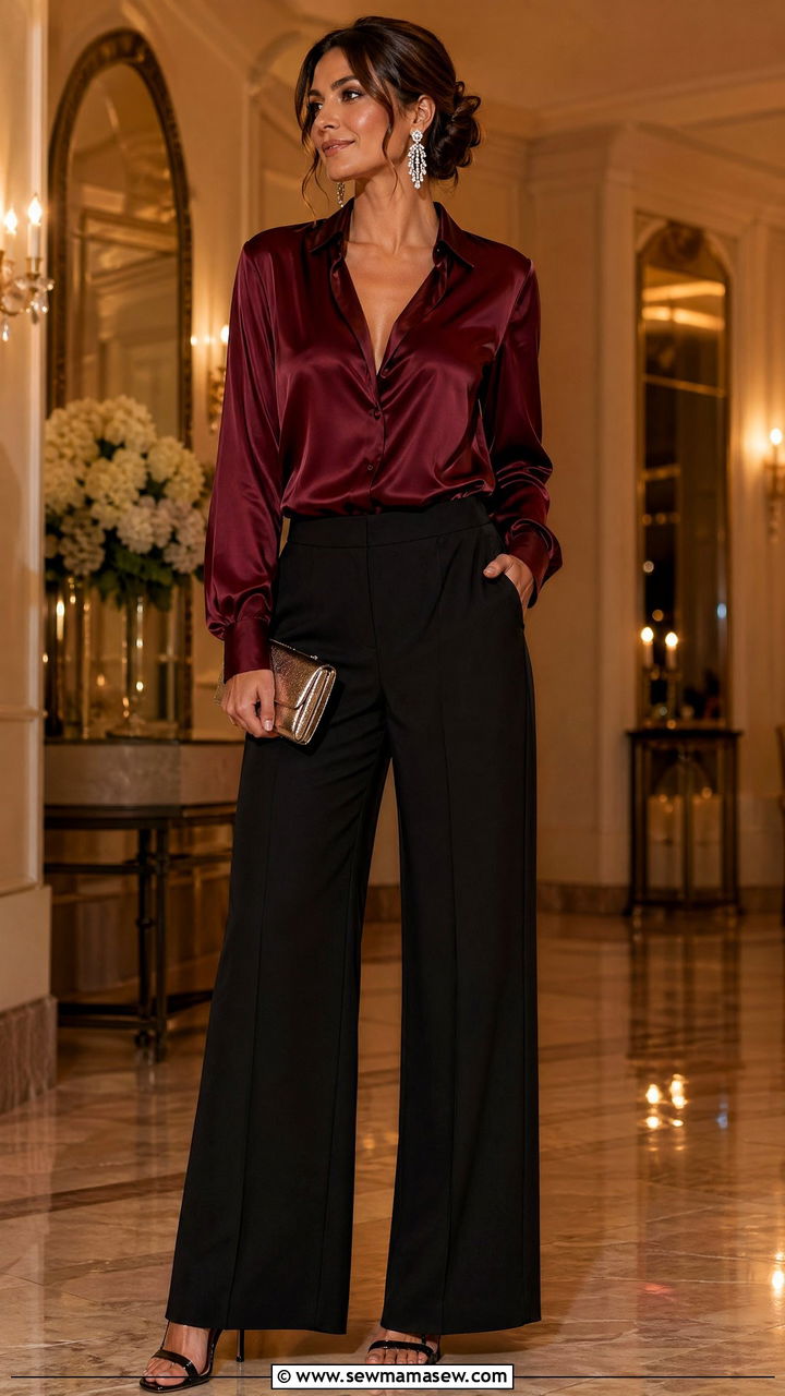 Wide Leg Pants With Satin Blouse - 35 wide leg pants outfits for women