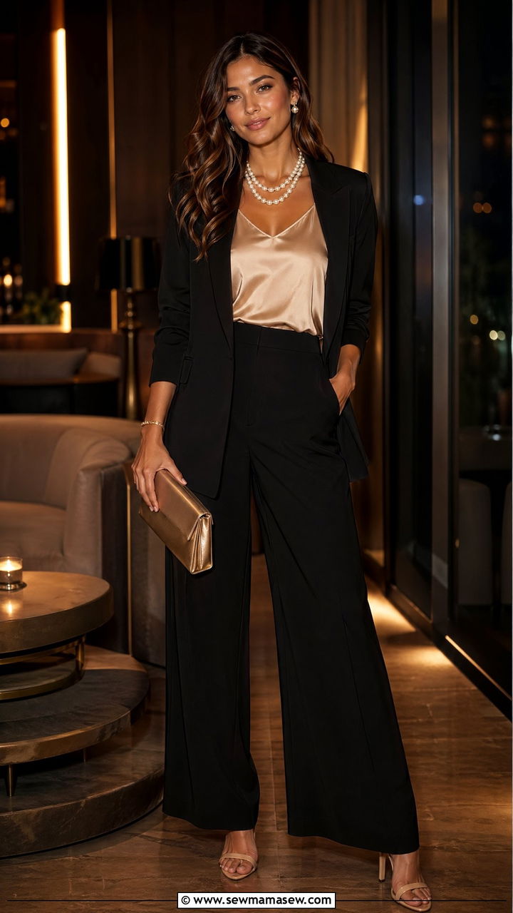 Wide Leg Pants With Satin Cami And Blazer - 35 wide leg pants outfits ideas