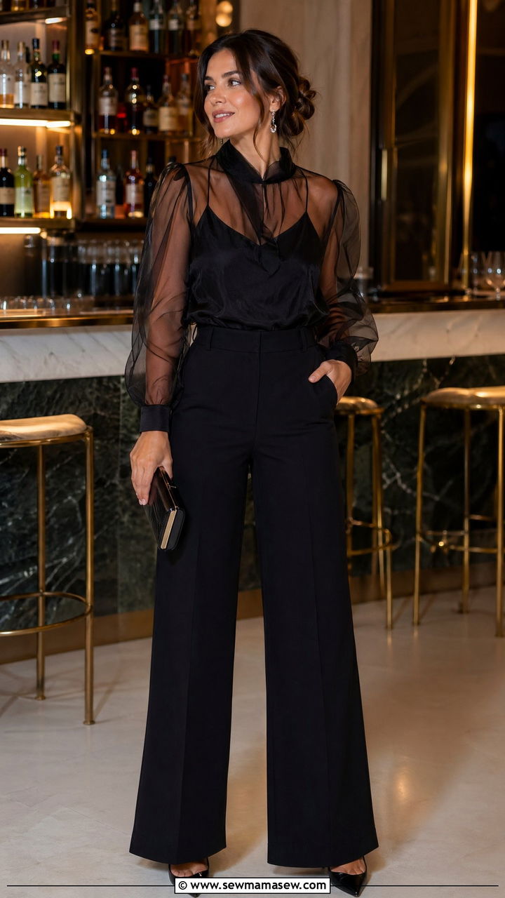 Wide Leg Pants With Sheer Blouse - 35 wide leg pants outfits inspo