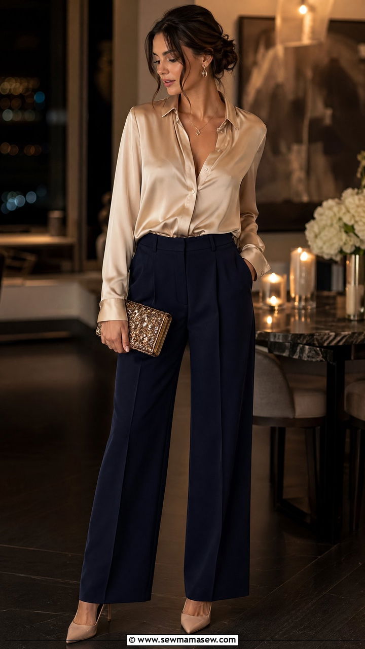 Wide Leg Pants With Silk Blouse And Heels - 35 wide leg pants outfits ideas