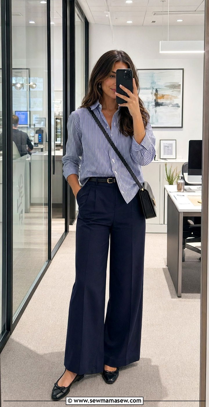 Wide Leg Pants With Striped Shirt And Ballet Flats - 30 Wide leg pants outfit ideas for work
