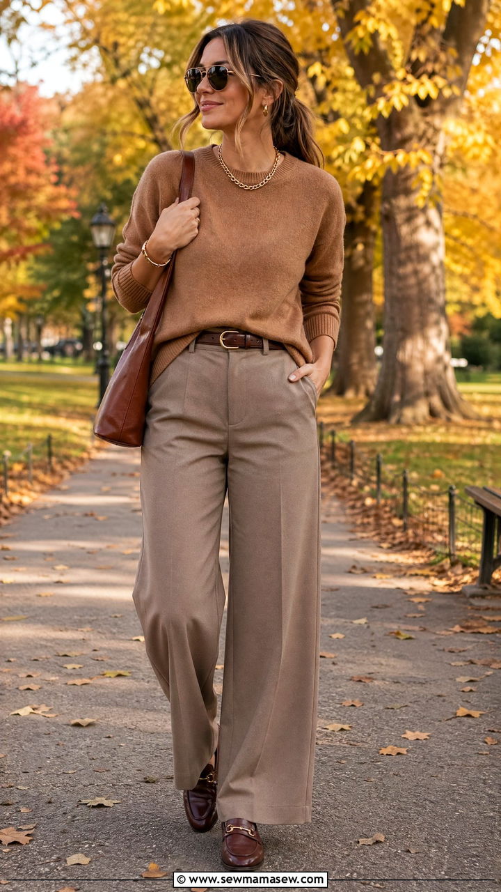 Wide Leg Pants With Sweater And Loafers - 35 wide leg pants outfits inspo