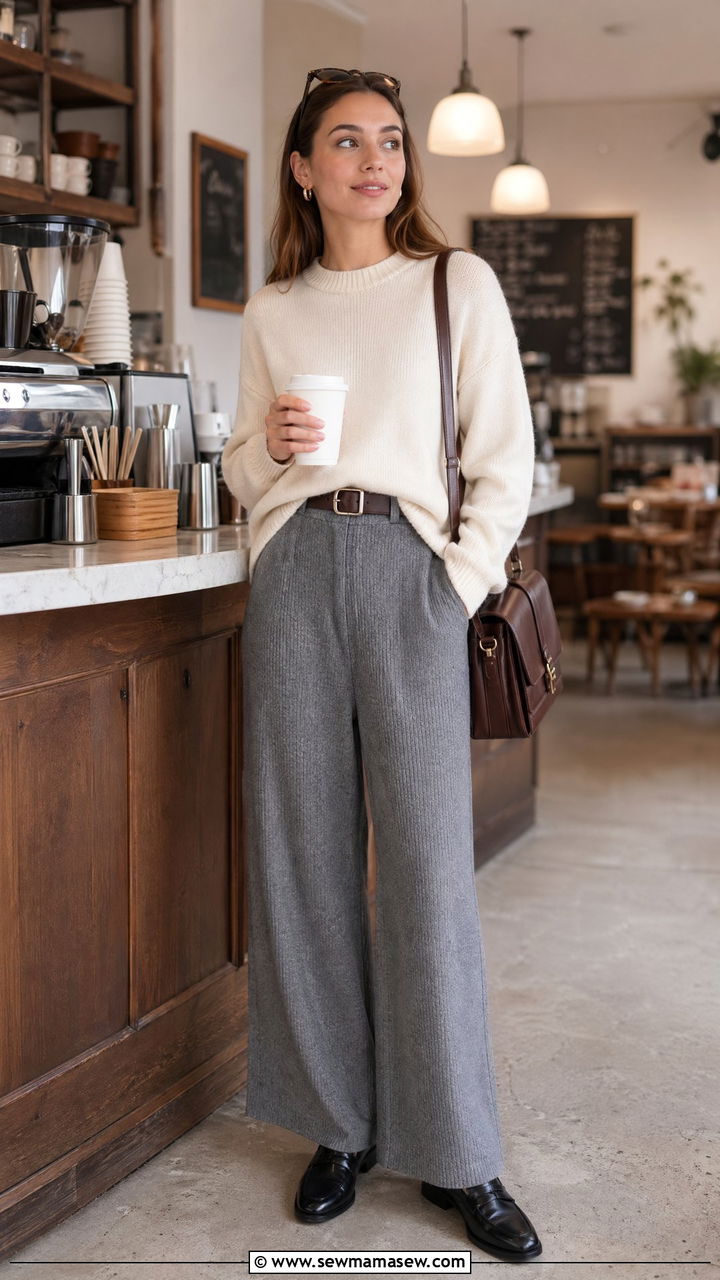 Wide Leg Pants With Sweater And Loafers - 35 wide leg pants outfits ideas