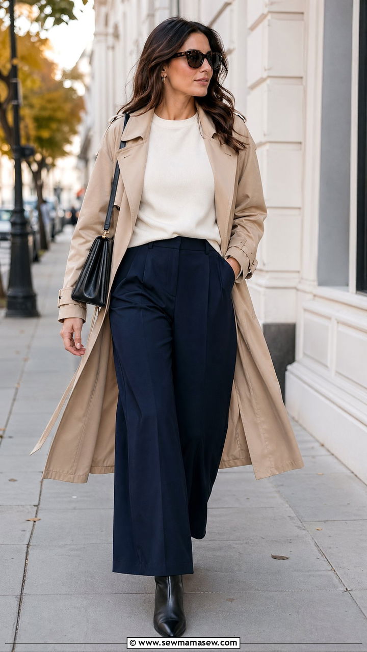 Wide Leg Pants With Trench Coat And Ankle Boots - 35 wide leg pants outfits ideas