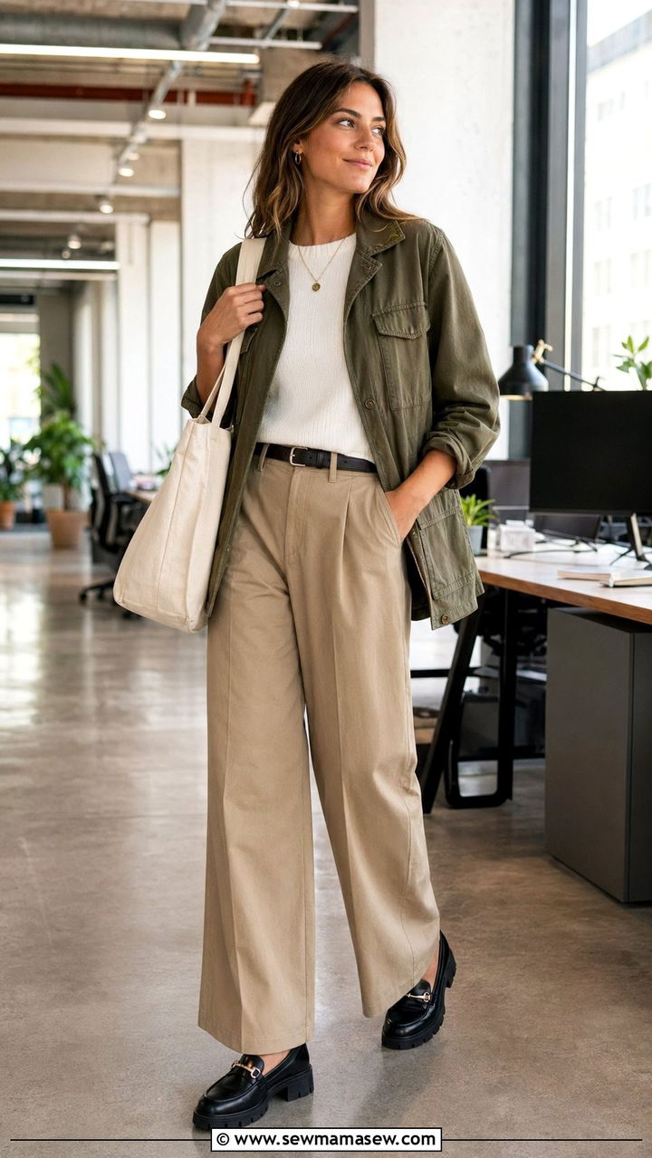 Wide Leg Pants With Utility Jacket And Lug Sole Loafers - 30 Wide leg pants outfit ideas for work
