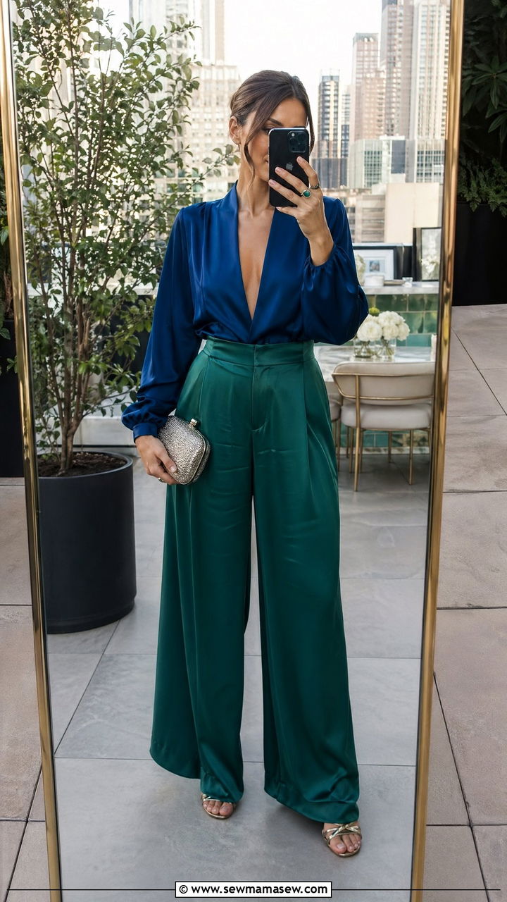 Wide Leg Pants and Silk Top for Petite Wedding Guest - 35 Wedding guest outfits petite women