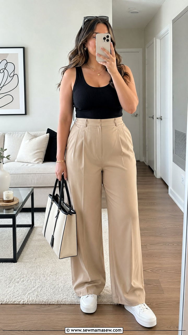 Wide Leg Pants with Ribbed Tank and Platform Sneakers - 35 casual outfits for curvy women