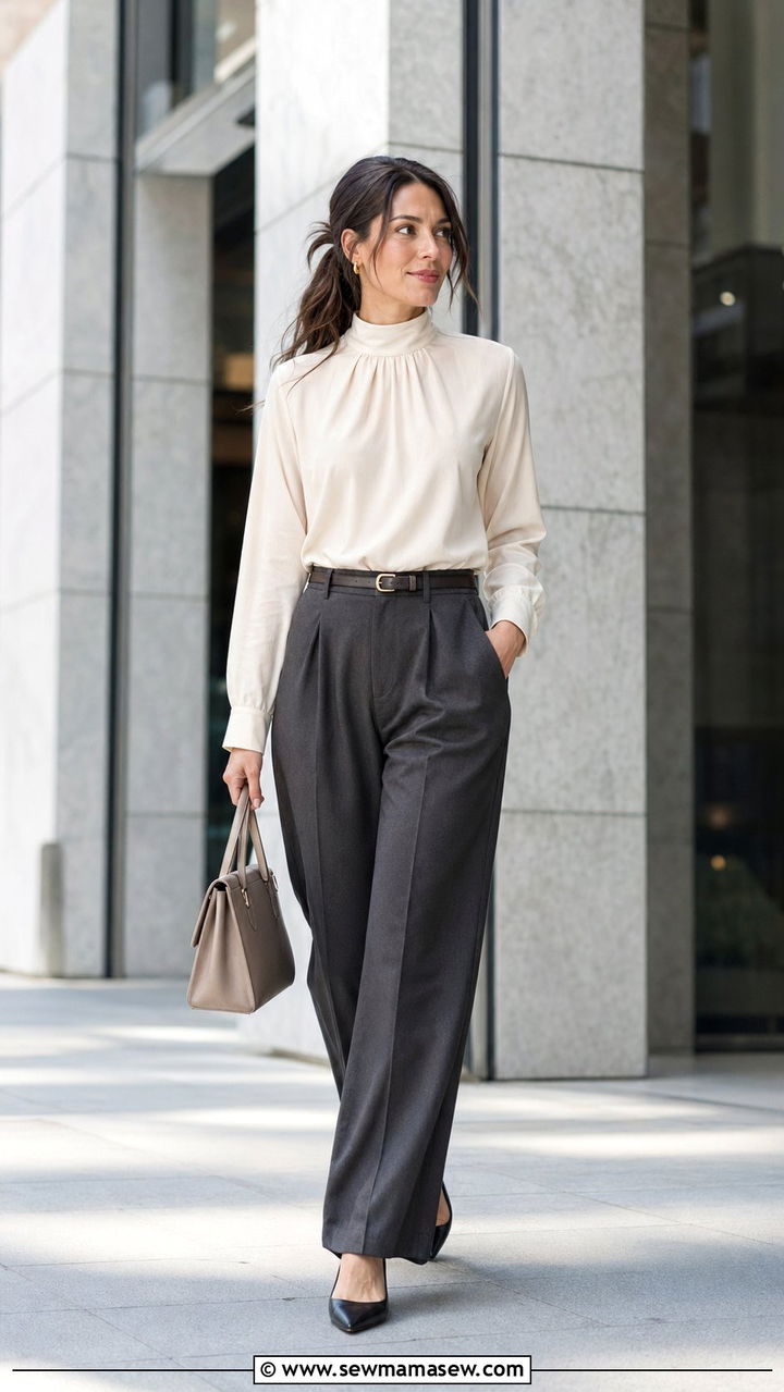 Wide Leg Pants with Tucked Blouse Outfit - 35 modest outfit ideas for women