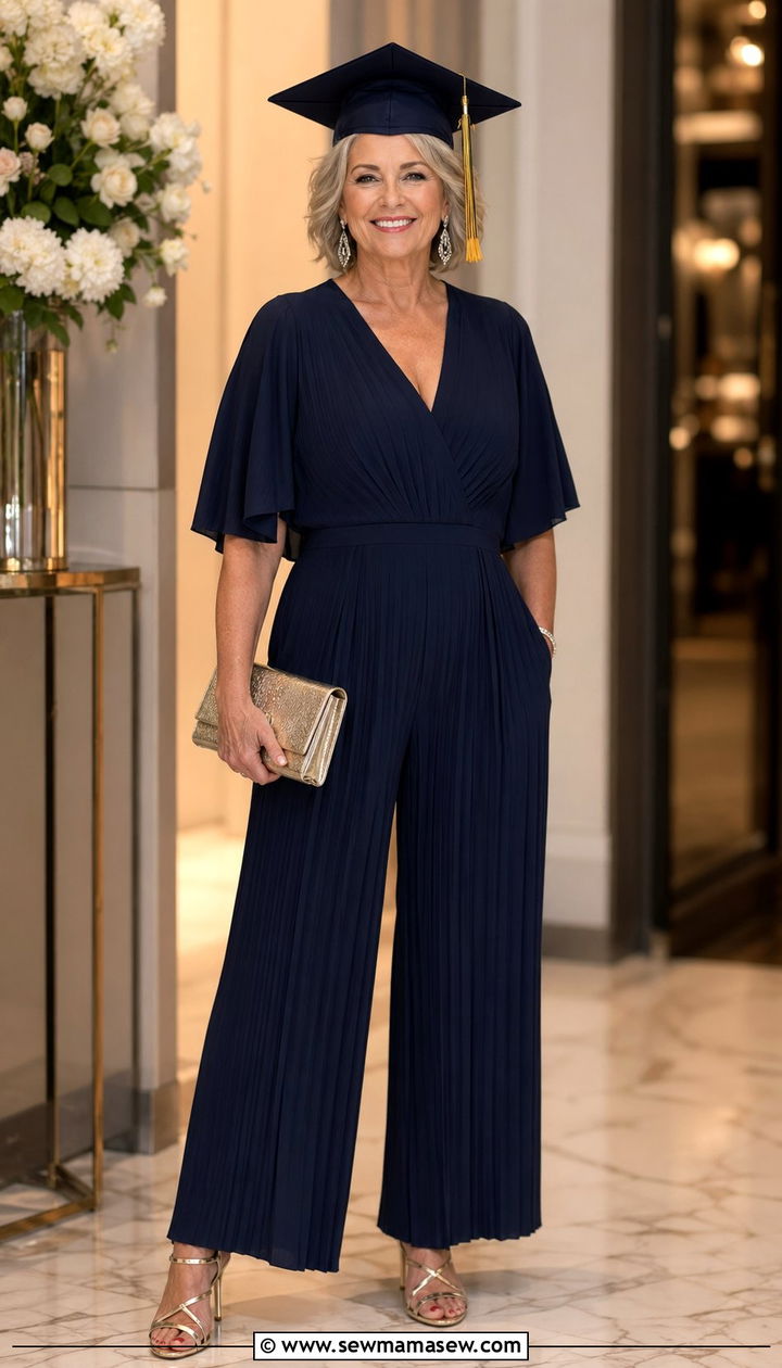Wide Leg Pleated Jumpsuit With Heels - 35 Graduation outfits for women over 50