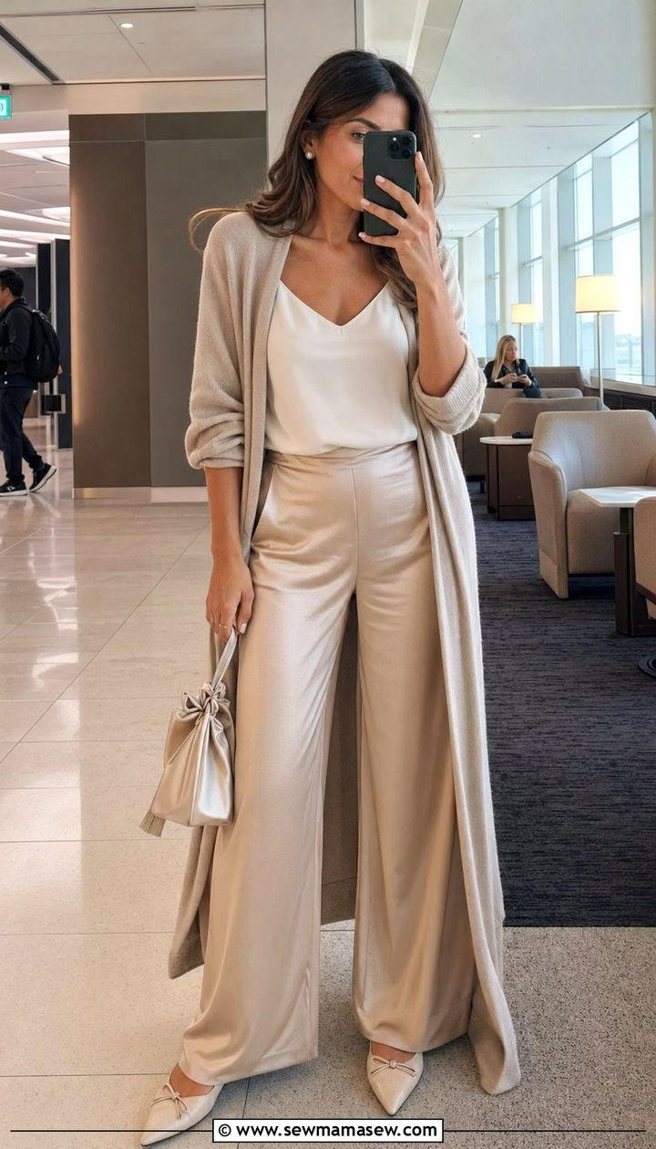 Wide Leg Satin Pants and Cardigan Airport Outfit - 30 Airport outfit ideas with wide leg pants