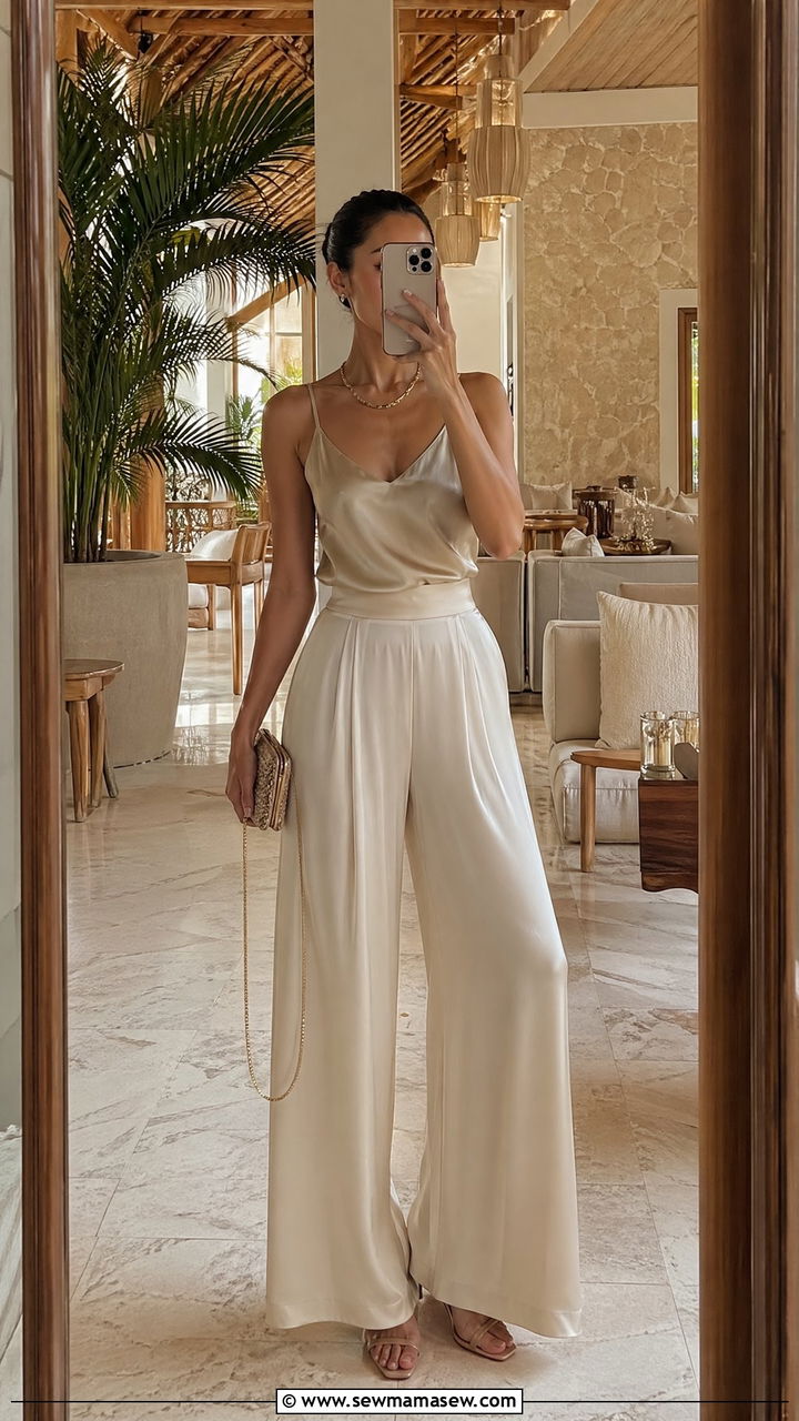 Wide Leg Silk Pants And Camisole Resort Outfit - 35 what to wear on a resort vacation