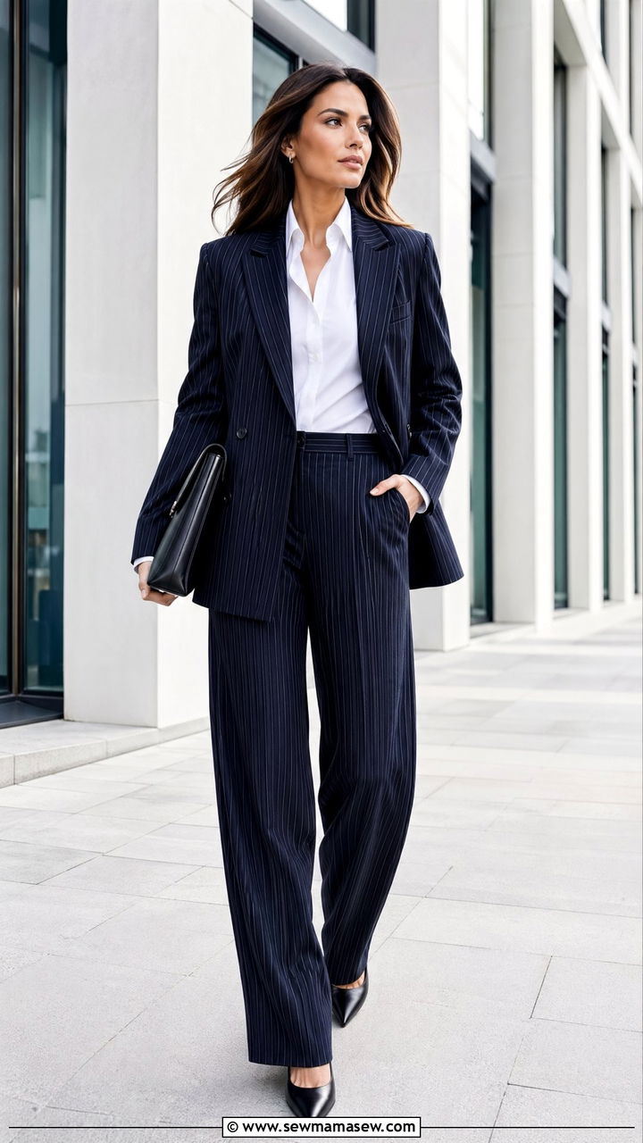 Wide Leg Suit Pants With Pinstripe Blazer - 35 wide leg pants outfits for women