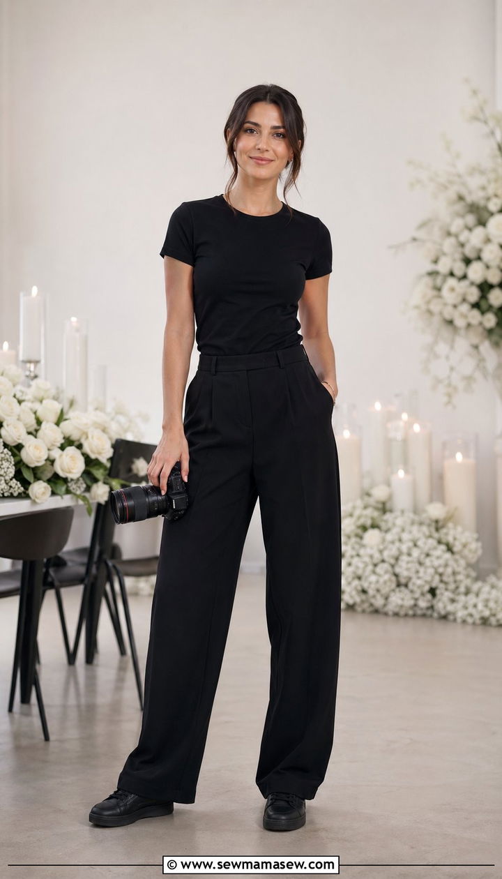 Wide Leg Tailored Black Pants With a Fitted Black Tee - 30 Wedding photographer outfit ideas
