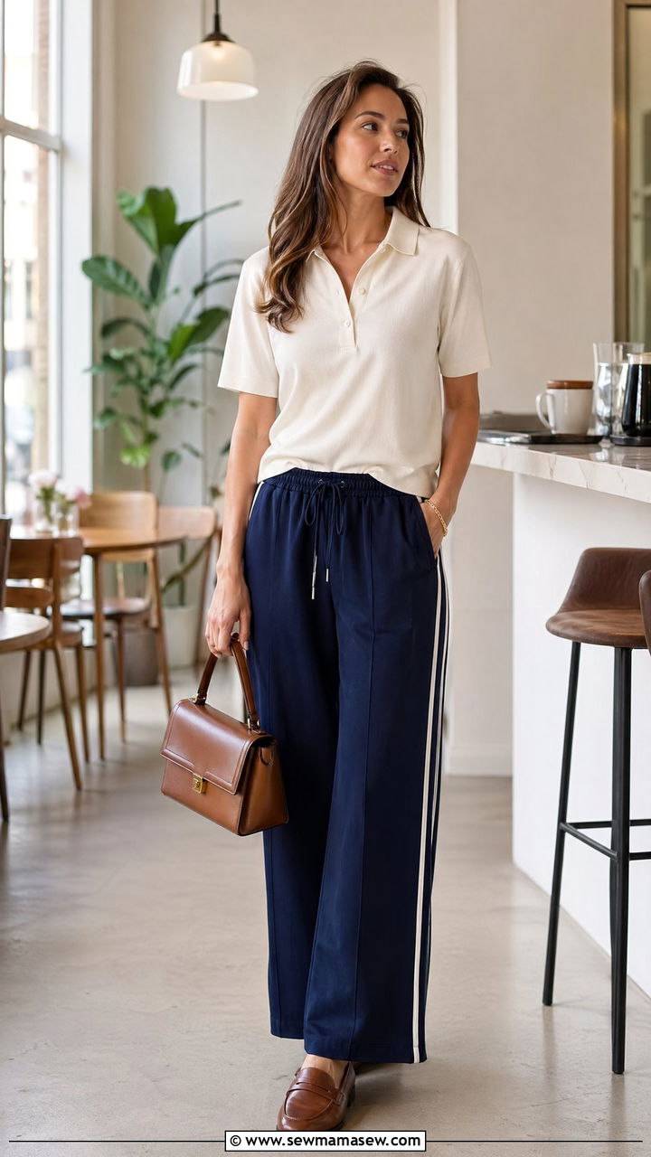 Wide Leg Track Pants with Polo Shirt and Loafers Outfit - 35 transitional sporty chic outfit ideas