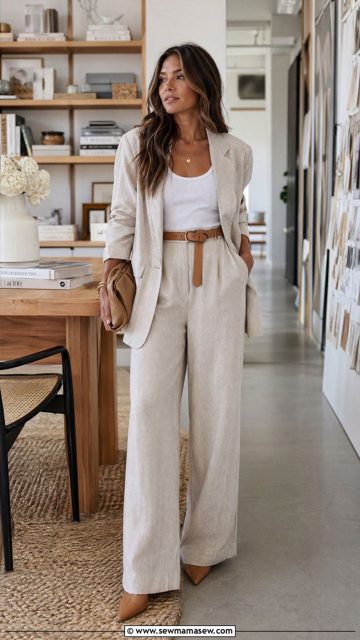 Wide Leg Trouser Suit with Tan Belt - 35 Corporate event outfit ideas