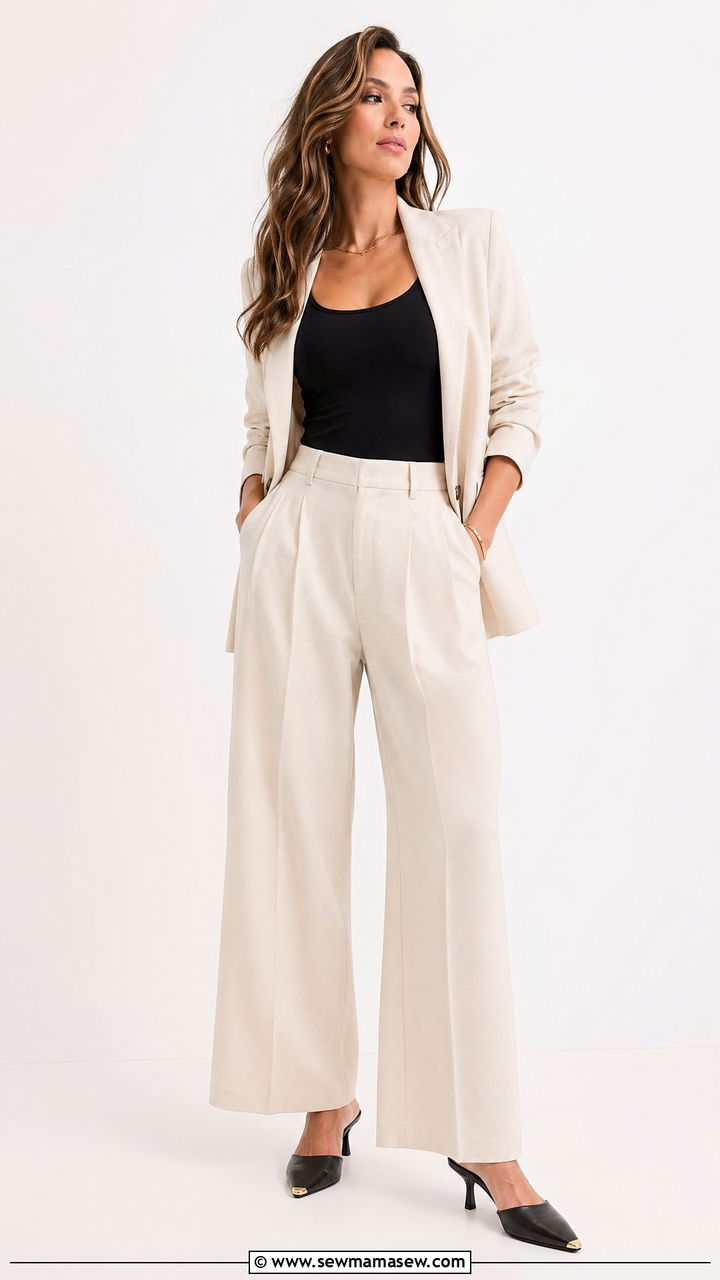Wide Leg Trousers With A Bodysuit And An Open Blazer - 35 work outfits for moms
