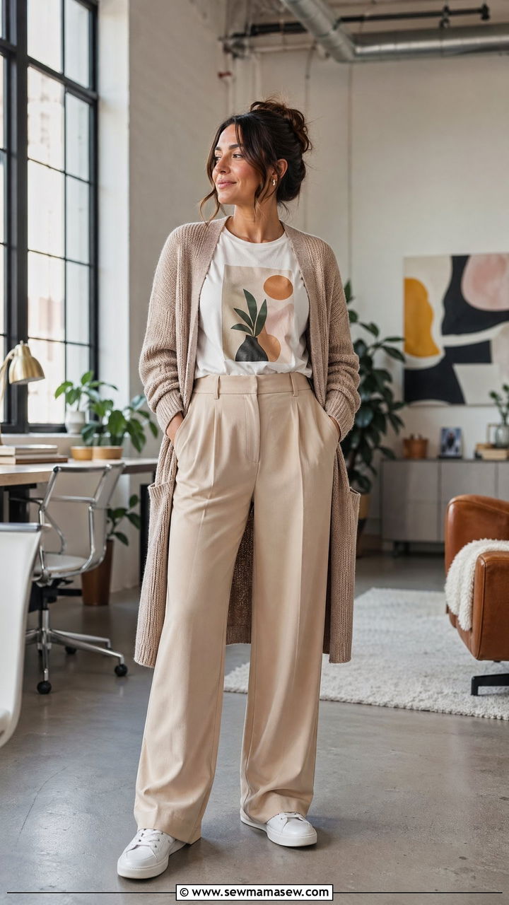 Wide Leg Trousers With A Graphic Tee And Structured Cardigan - 35 work outfits for moms