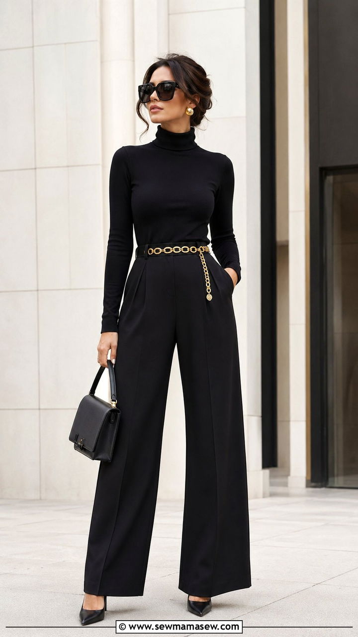 Wide Leg Trousers With Black Turtleneck - 35 Old Hollywood outfit ideas