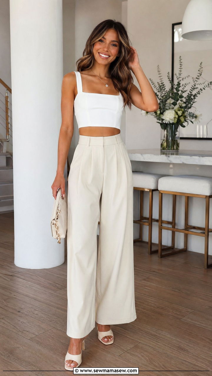 Wide Leg Trousers With Crop Top And Heeled Mules - 35 Summer graduation outfits