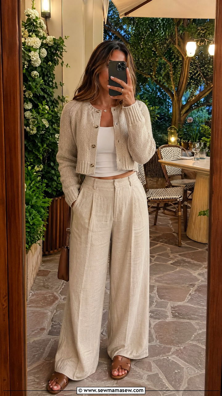 Wide Leg Trousers With Cropped Cardigan - 35 spring dinner outfit ideas