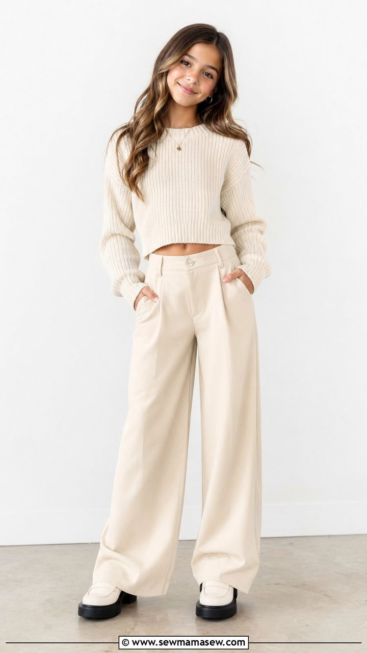 Wide Leg Trousers With Cropped Knit Sweater and Loafers - 30 Back to school outfit ideas middle school 2026