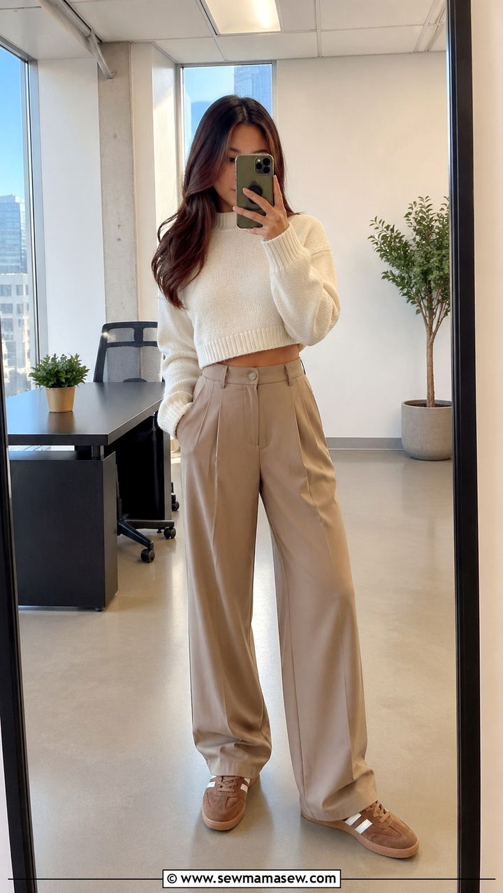 Wide Leg Trousers With Cropped Sweater and Retro Sneakers - 30 sneaker outfits for women
