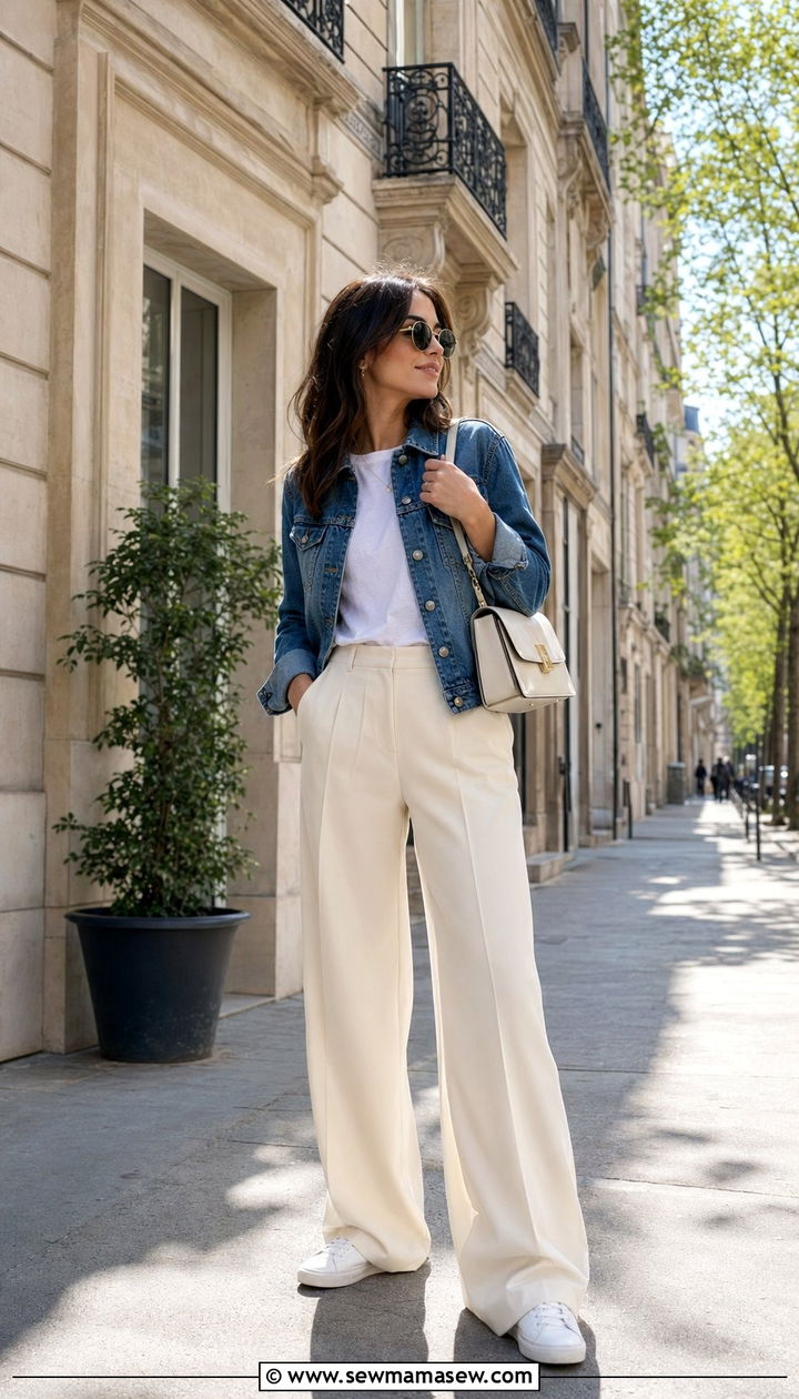Wide Leg Trousers With Denim Jacket and Sneakers - 35 Parisian spring outfit ideas