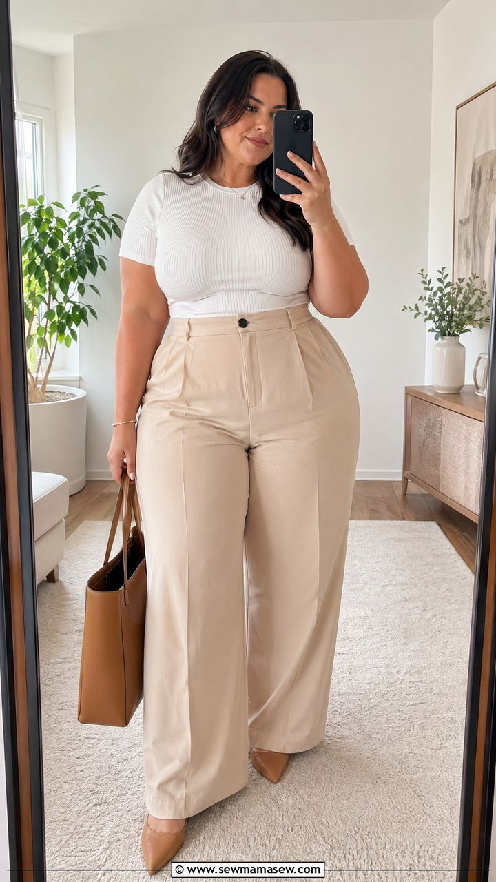 Wide Leg Trousers With Fitted Ribbed Tee Outfit - 35 Spring capsule wardrobe plus size