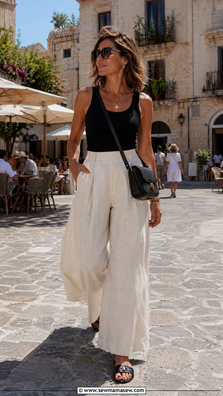 Wide Leg Trousers With Fitted Tank Top - 35 Vacation outfit ideas for women over 40