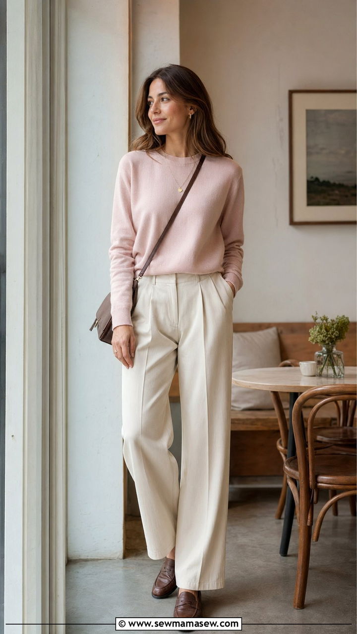 Wide Leg Trousers With Lightweight Knit Sweater And Loafers - 30 Wide leg pants outfit ideas for summer