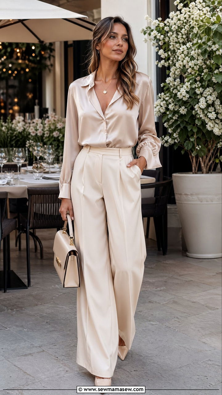 Wide Leg Trousers With Silk Blouse - 35 spring dinner outfit ideas