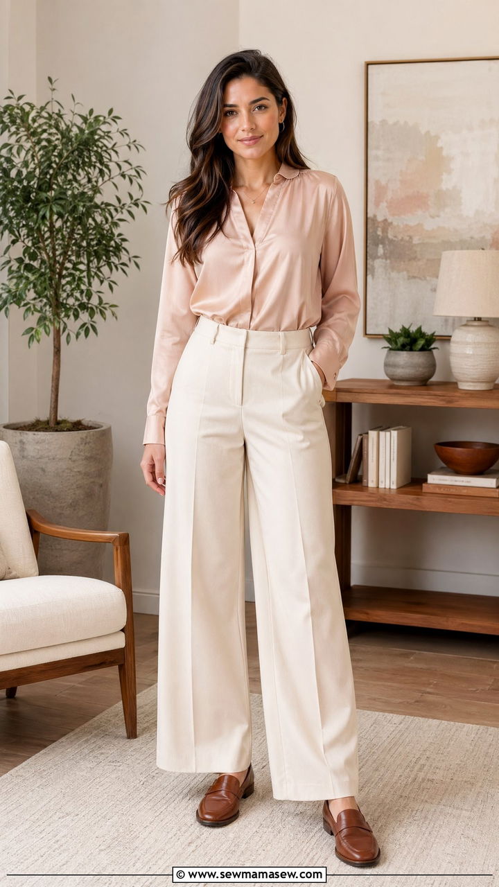 Wide Leg Trousers With Silk Blouse And Loafers - 35 Counselor outfit ideas