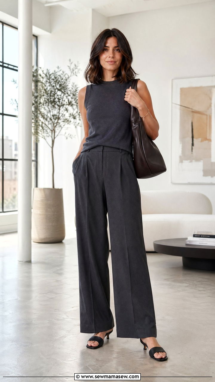 Wide Leg Trousers With Sleeveless Knit Top - 35 Summer outfits for working moms