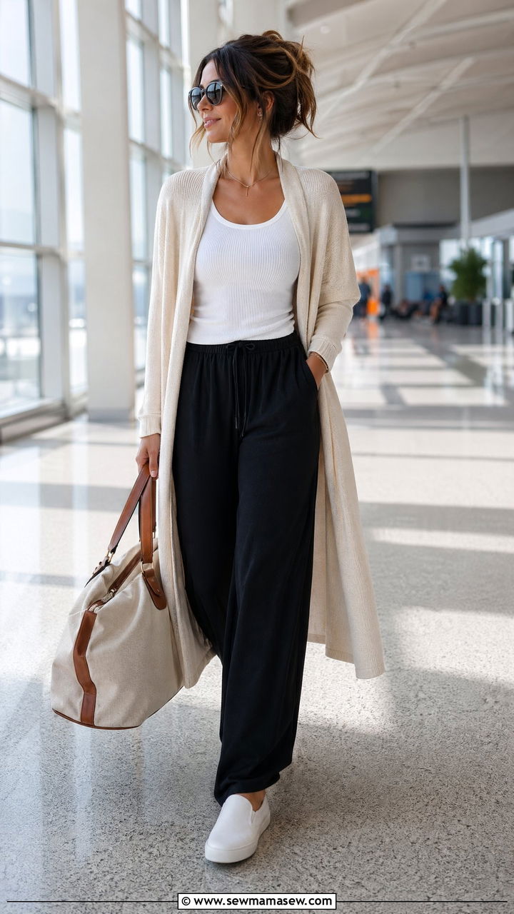 Wide Leg Trousers With Tank Top And Cardigan - 35 Comfortable airport outfits