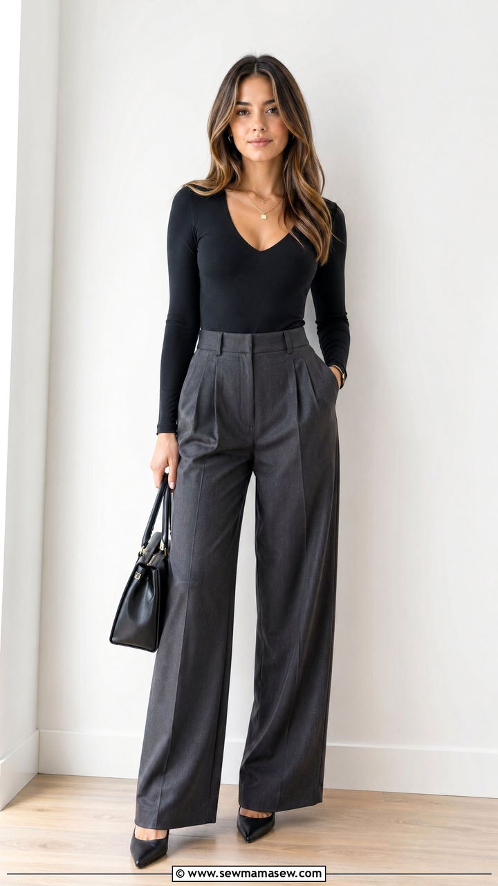 Wide Leg Trousers With a Fitted Bodysuit and Pointed Toe Heels - 40 trendy outfits for women