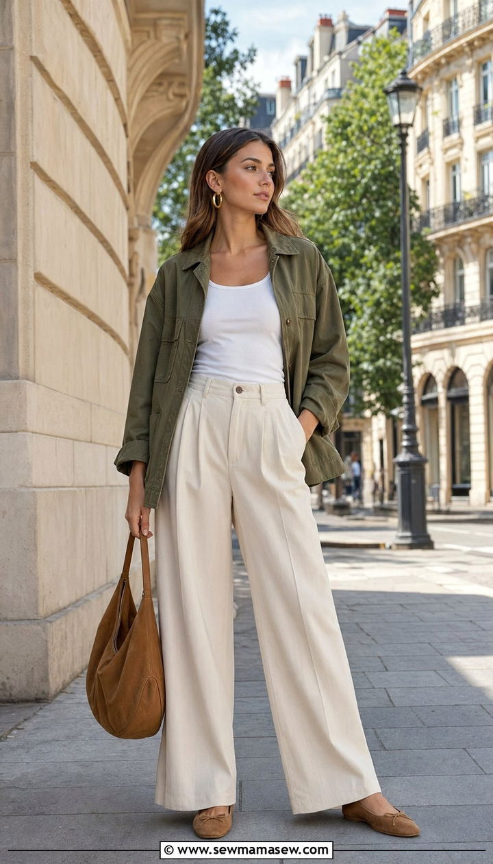 Wide Leg Trousers With a Utility Jacket and Suede Ballet Flats - 35 Parisian outfits 2026