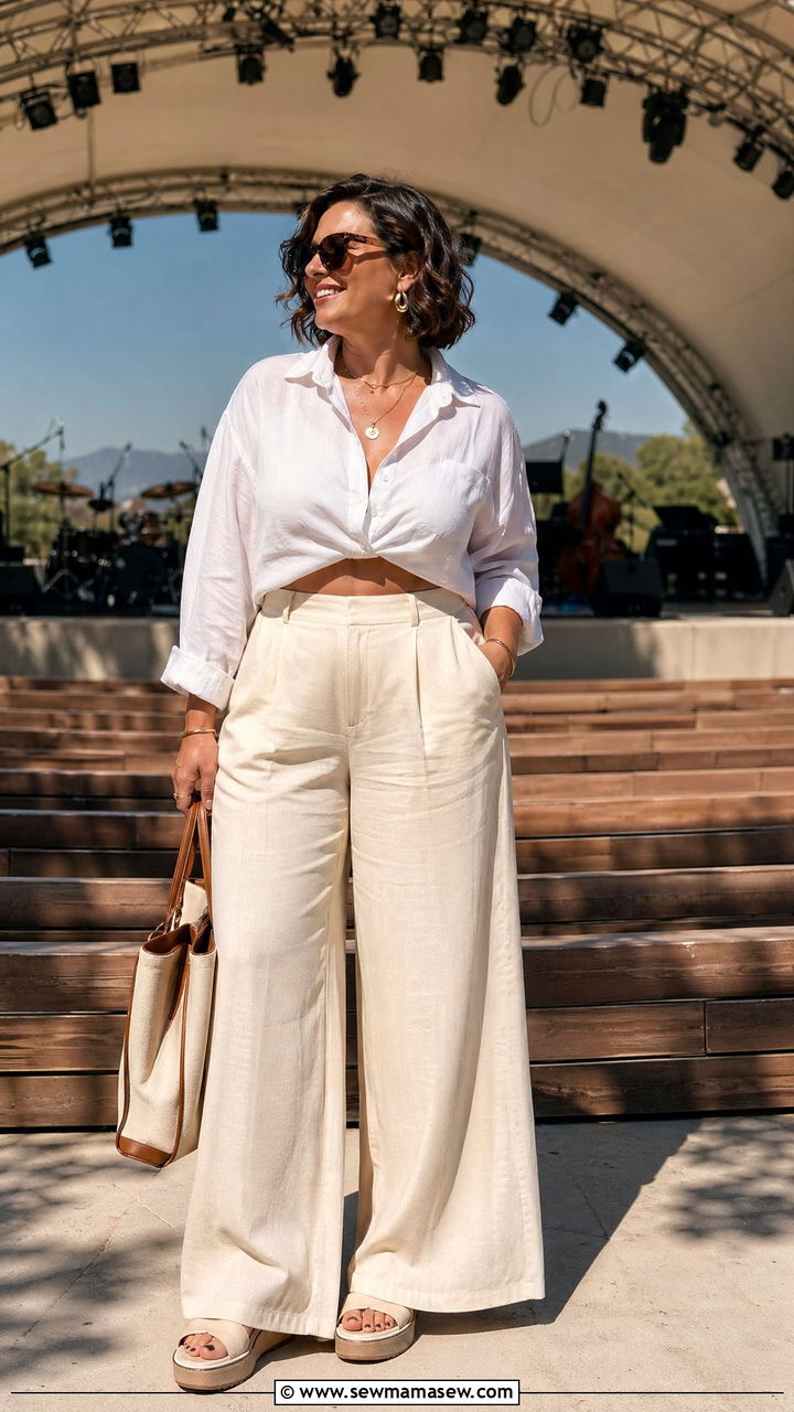 Wide Leg Trousers and Cropped Button Down - 35 Concert outfits for midsize women