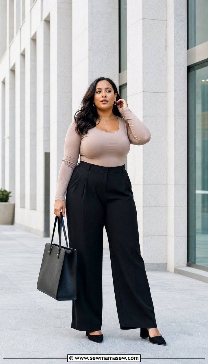 Wide Leg Trousers and Fitted Bodysuit - 35 Plus size outfit ideas size 22