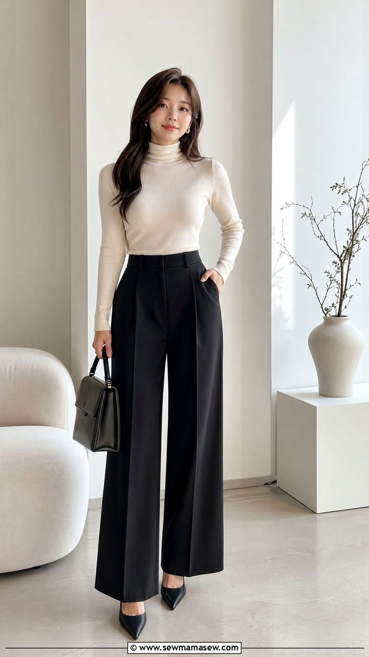Wide Leg Trousers and Fitted Turtleneck - 35 Cute outfits for petite women