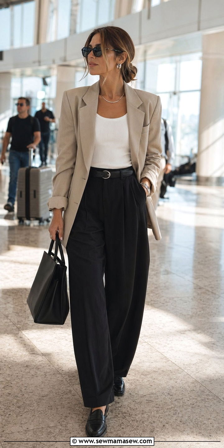 Wide Leg Trousers and Oversized Blazer Airport Outfit - 30 Airport outfit ideas with wide leg pants