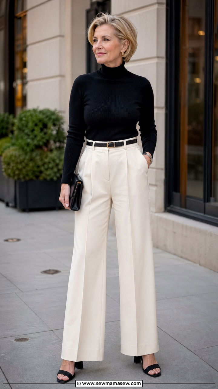Wide Leg Trousers with Fitted Knit Top and Block Heels - 35 Classy outfit ideas for women over 50