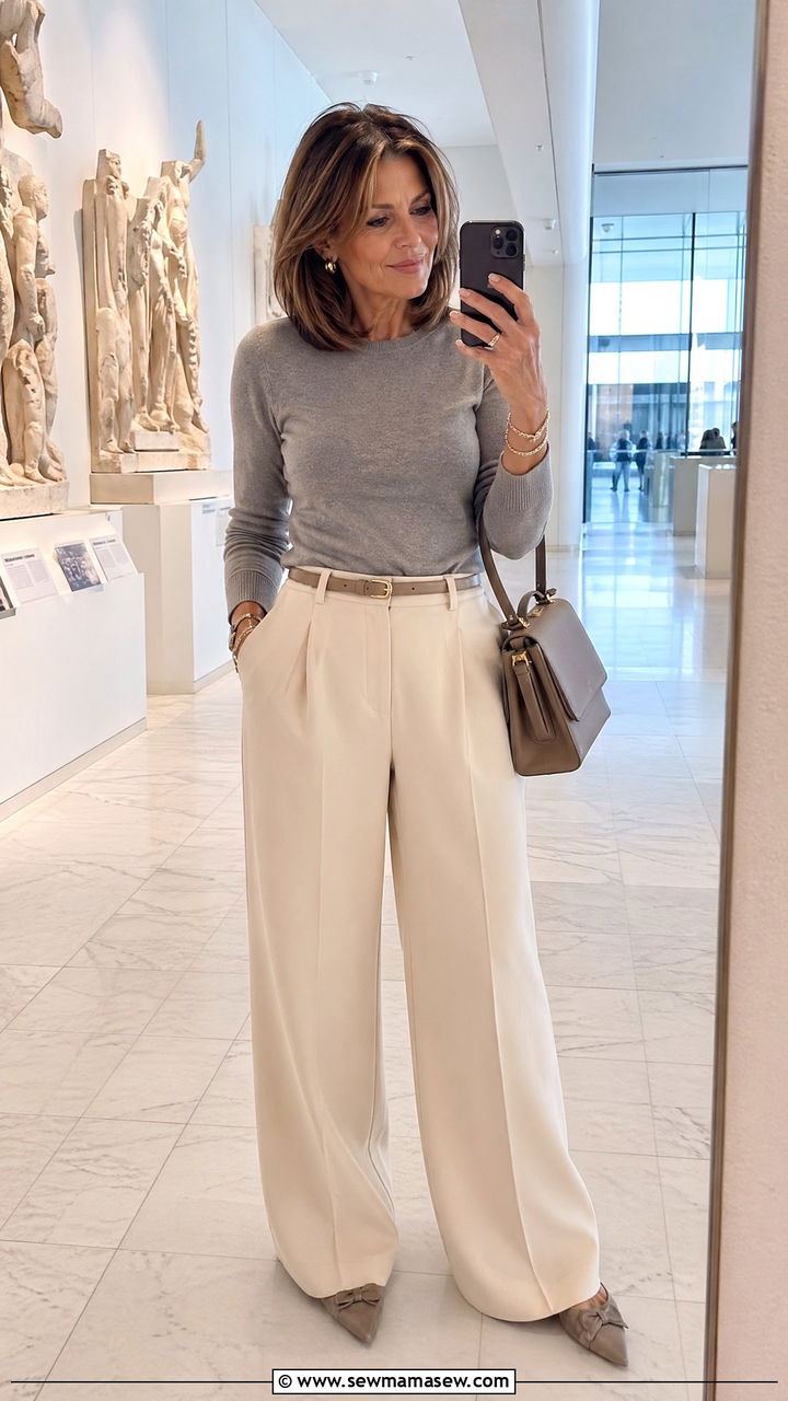 Wide Leg Trousers with Fitted Knit Weekend Outfit - 35 Weekend outfit ideas for women over 40
