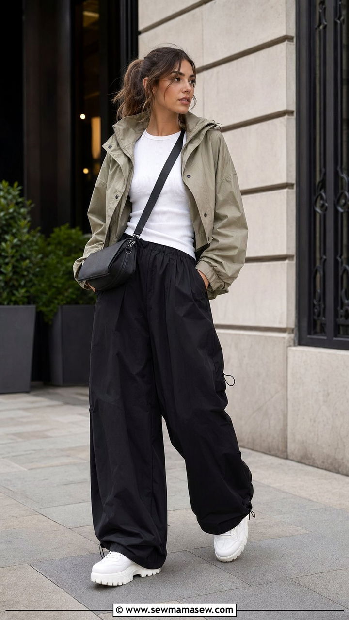 Wide Leg Trousers with Fitted Tee and Cropped Rain Jacket - 35 Rainy summer outfits