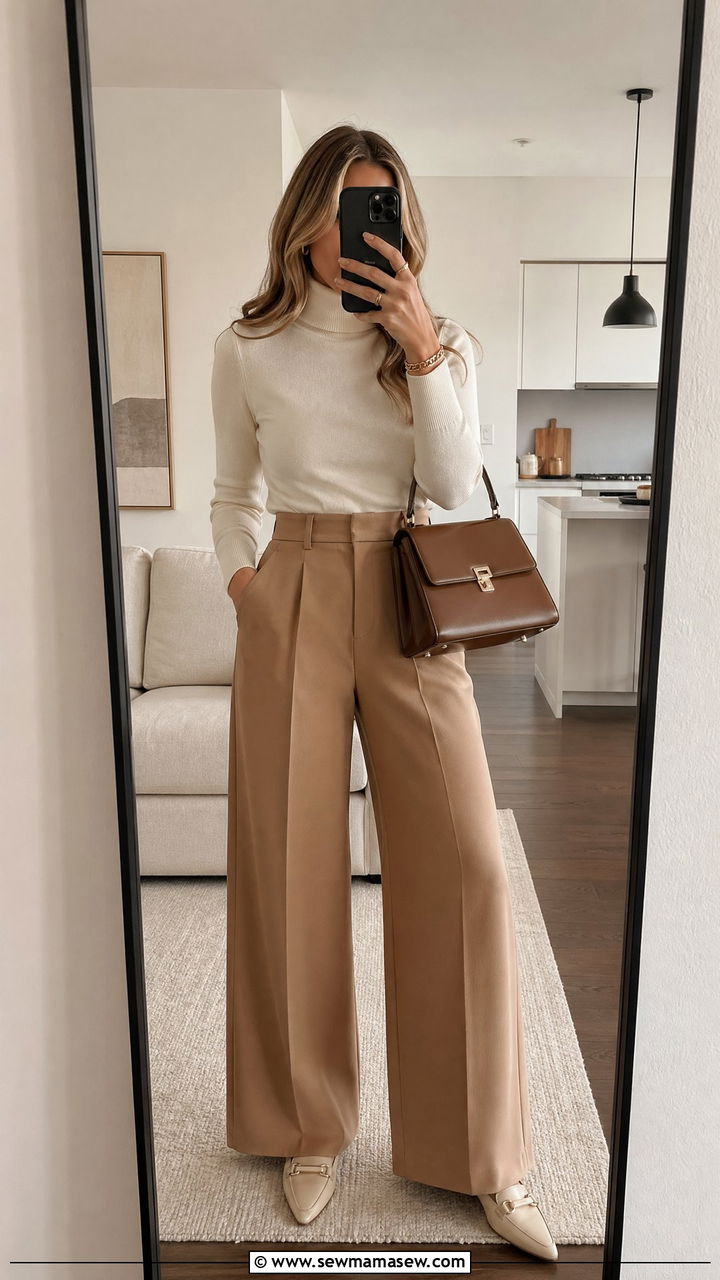 Wide Leg Trousers with Fitted Turtleneck Outfit - 35 transitional chic outfit ideas