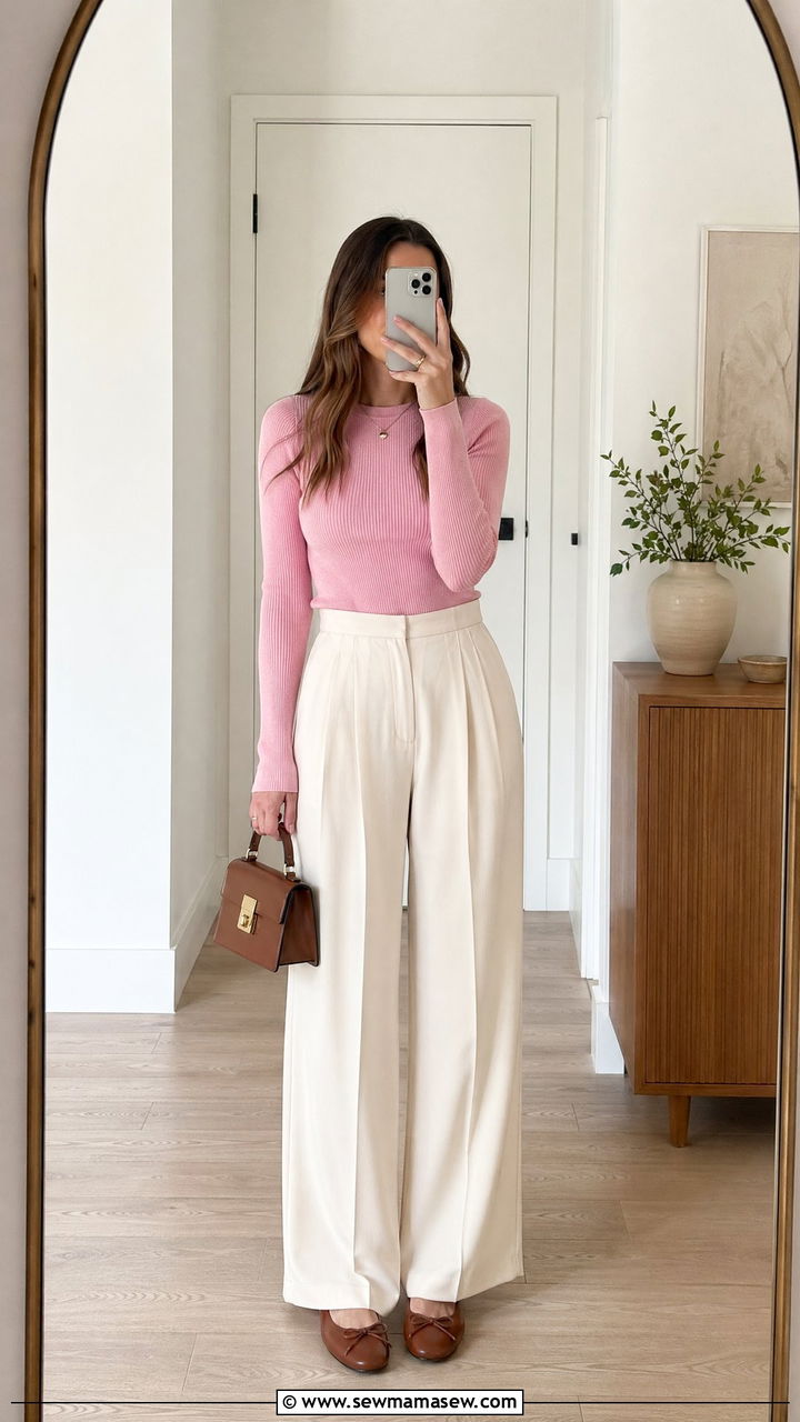Wide Leg Trousers with Knit Top and Ballet Flats - 35 Cool spring outfits