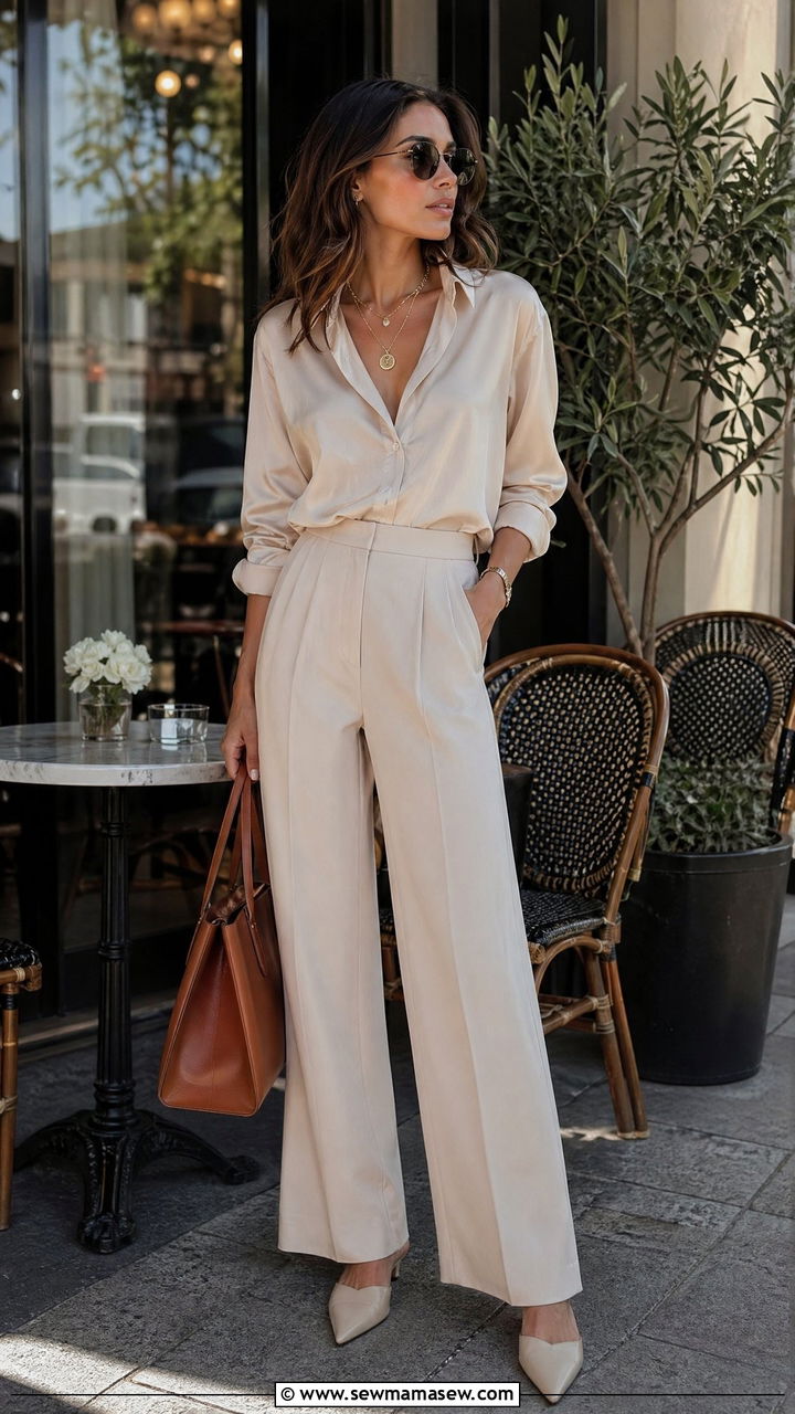 Wide Leg Trousers with Silk Blouse - 35 Classy brunch outfit ideas