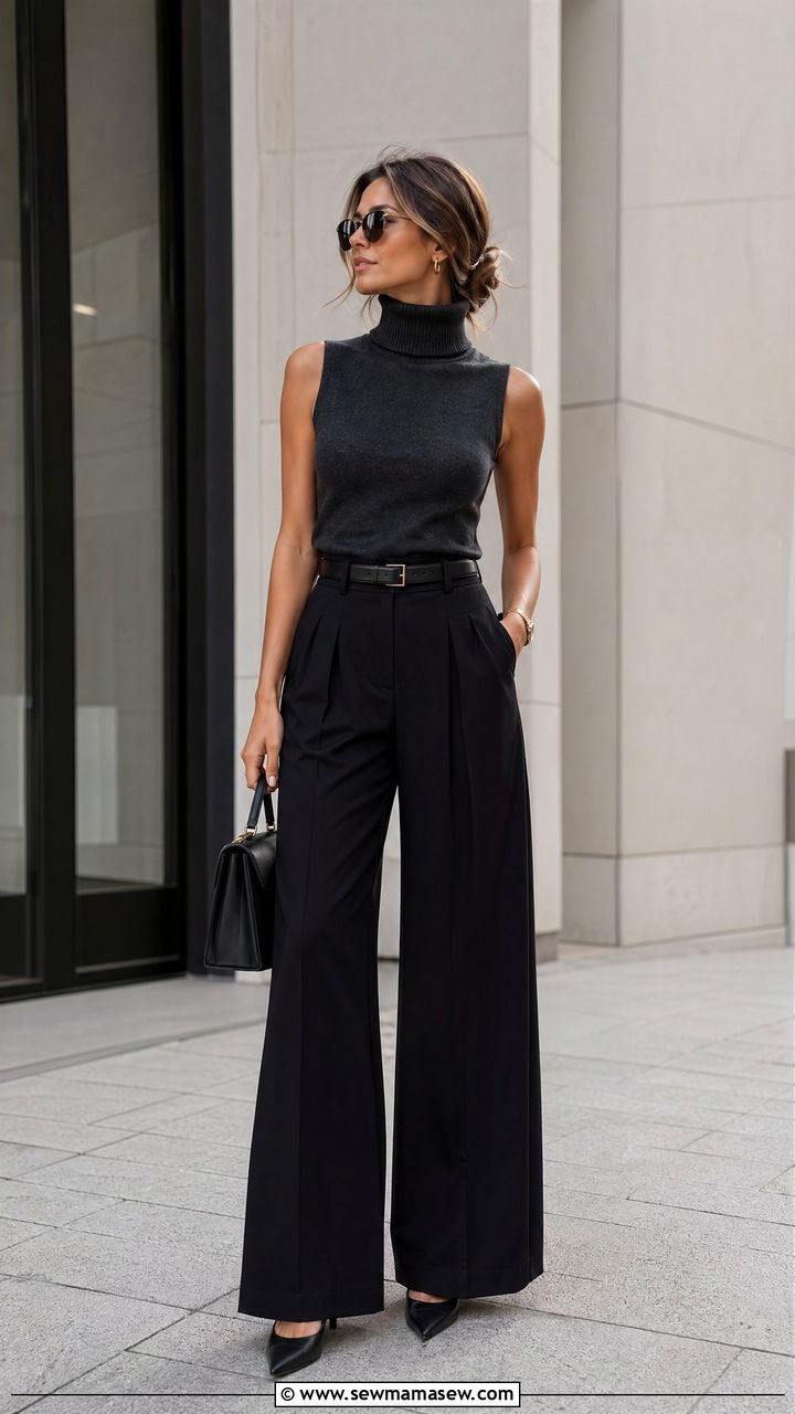 Wide Leg Trousers with Sleeveless Turtleneck and Pointed Toe Heels - 35 classy spring to summer outfits