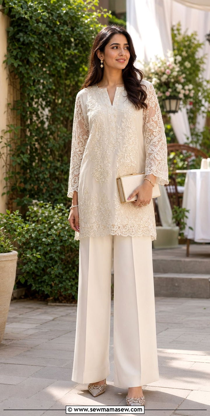 Wide Leg Trousers with Tunic Top for Wedding - 30 wedding guest outfits for modest women
