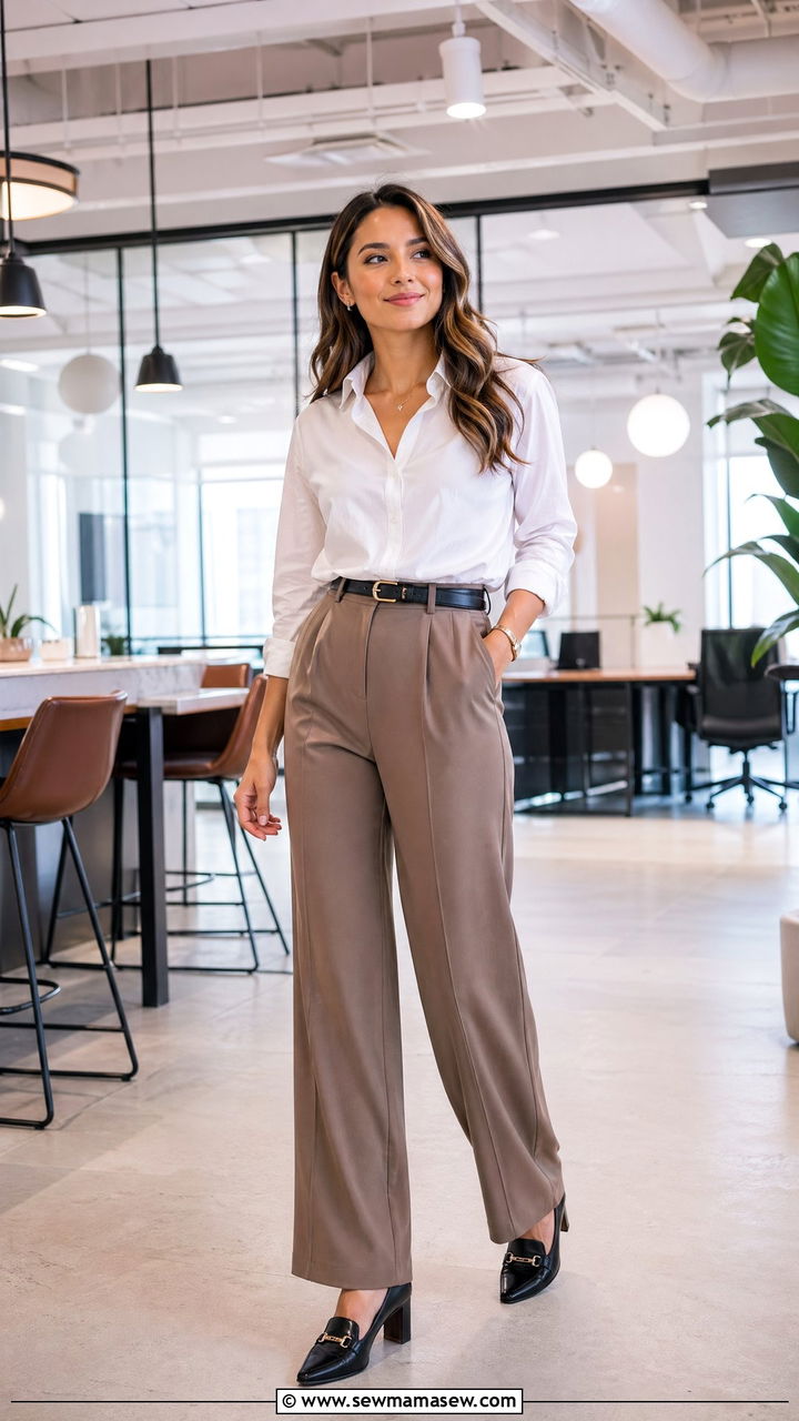 Wide Leg Trousers with White Button Down and Heeled Loafers - 35 cute office outfits
